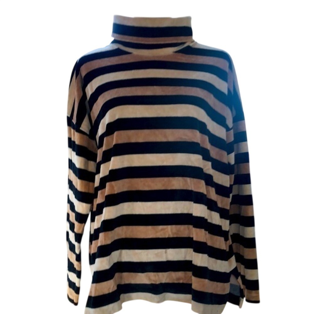 Jones New York Sport Velour‎ Striped Turtleneck Black Tan Womens Top L